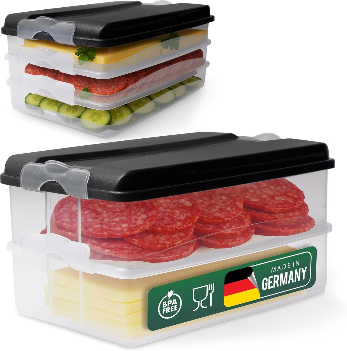 Novaliv voedselcontainers (3x klein + 2x groot + 2x deksels), stapelbaar voor koelkast en vriezer, set opslagcontainers, opbergdoosorganizer, voor vleeswaren, worst, kaas, fruit, groenten, maaltijdvoorbereiding