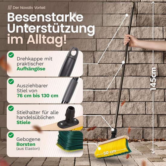 Novaliv Premium klauwbezem met steel 50cm, speciale bezem met gebogen borstelharen - ideaal als tuinbezem, schraapbezem, kunstgrasbezem, optimaal voor op de camping, straatbezem, veegbezem van Novaliv — afbeelding 4