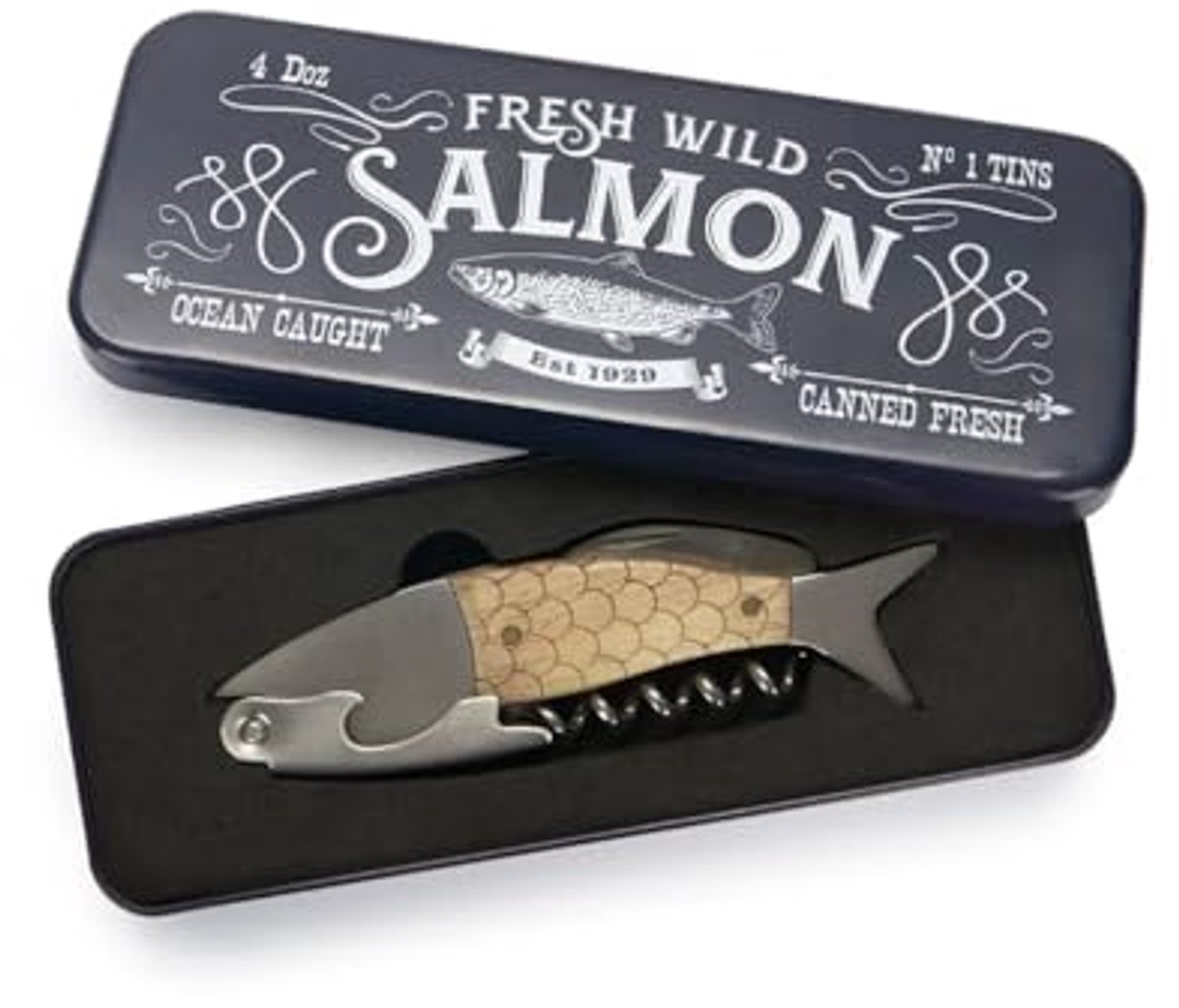 Wild Salmon Kurkentrekker en Multifunctionele Gereedschap met Houten Handvat in Metalen Doos