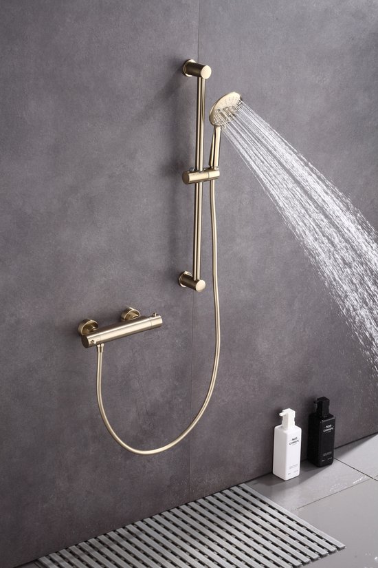 WEBO Eva doucheset – douchemengkraan met thermostaat-glijstang 60 cm - mat goud geborsteld - compleet met alle montagemateriaal