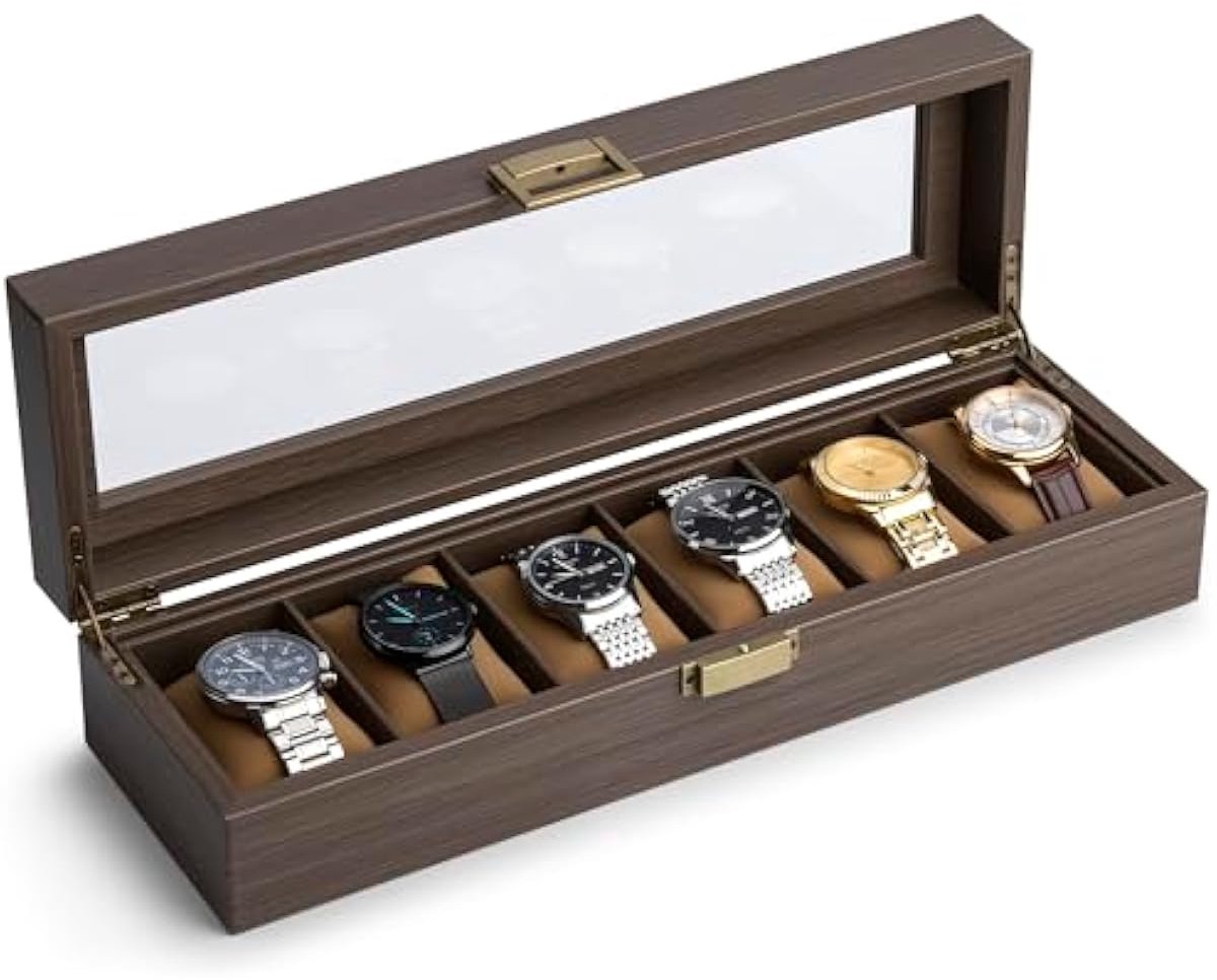 Massief Houten Horlogedoos, Horloge Case voor Mannen 5 Slots Hout Opslag Horloge Case Organizer met Glazen Display Top Prachtig en Duurzaam