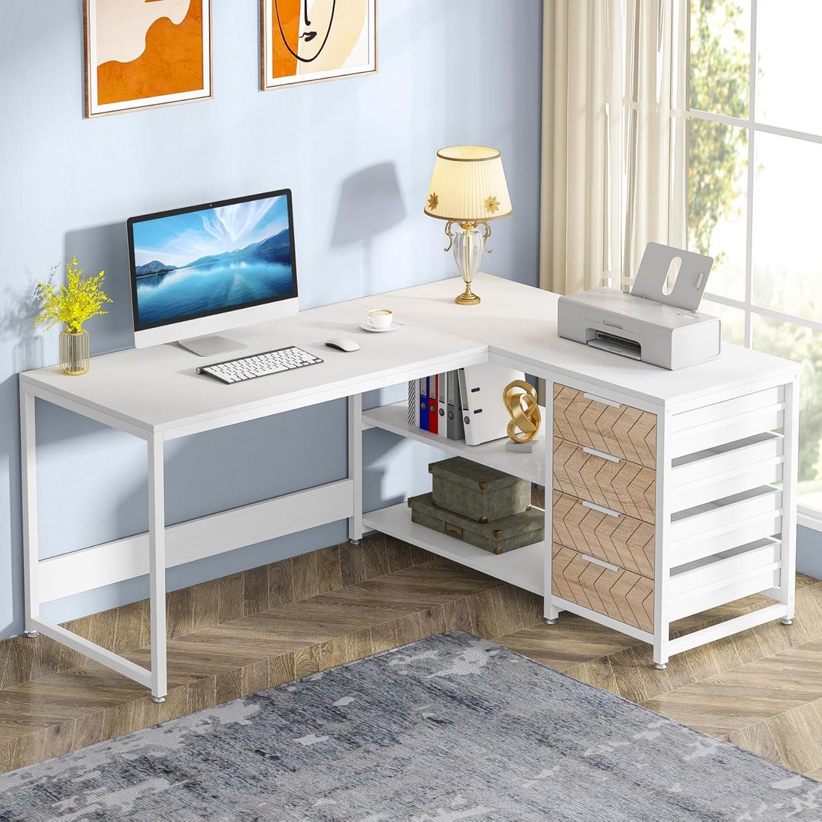 Tribesigns Bureau - L-Vormig Game Bureau met 4 Laden - Wit