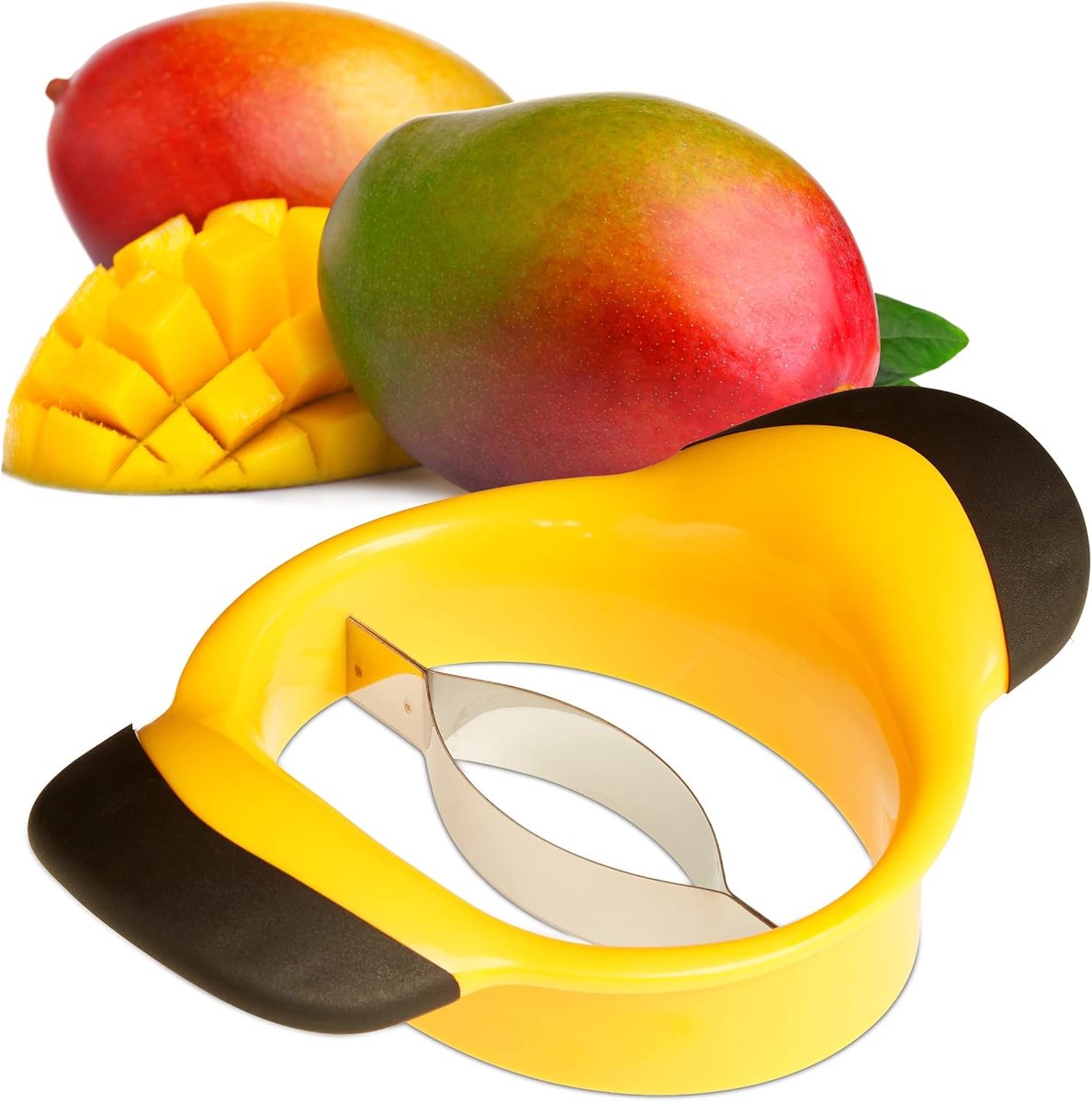 Mangosnijder- splitsen en ontpitten- antislip handvat- roestvrijstalen mes- fruitsnijder- zwart-geel