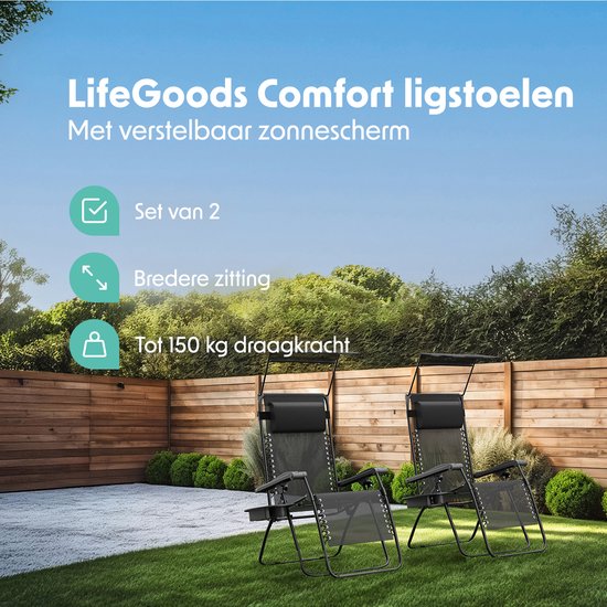 LifeGoods Opvouwbare Tuinstoelen - Verstelbaar Zonnescherm - Ligstoel Tuin - 2 Stuks - 30°-90° Verstelbaar - Metaal - Zwart