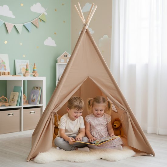 Sunny Vera Tipi Tent Sandy Beige voor kinderen – Wigwam Speeltent met raam van katoen – Tipi tent kinderen met Vloermat – 110x110x160cm – Stokken van hout
