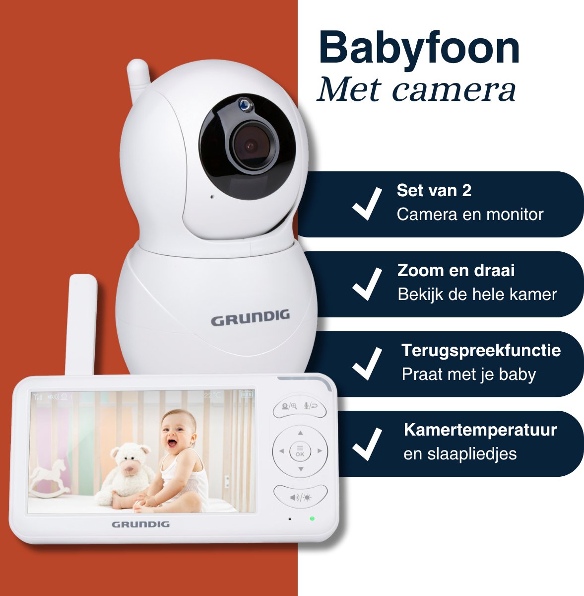 Grundig Video Babyfoon met Camera - Baby Monitor met 5-inch Kleurenscherm - Babyphone met Nachtzicht, Temperatuurweergave en Terugspreekfunctie - Wit thumbnail 3