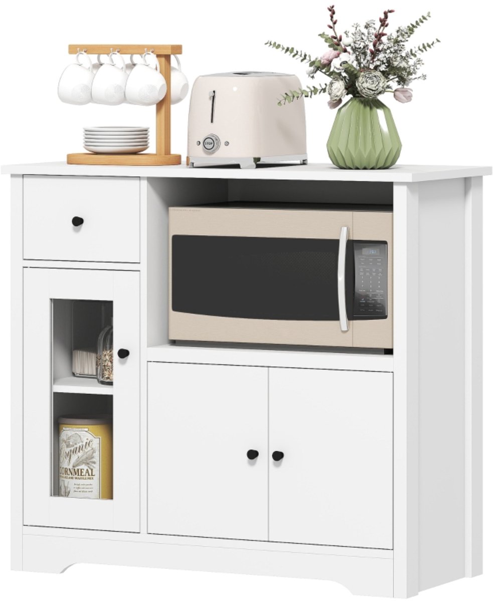 DENMOSTY Keukenkast Sideboard met Microgolfplank - Magnetronkast met 3 Deuren en Lade - Verstelbare Planken - Voor Keuken en Woonkamer - 80 × 35 × 72,2 cm - Wit