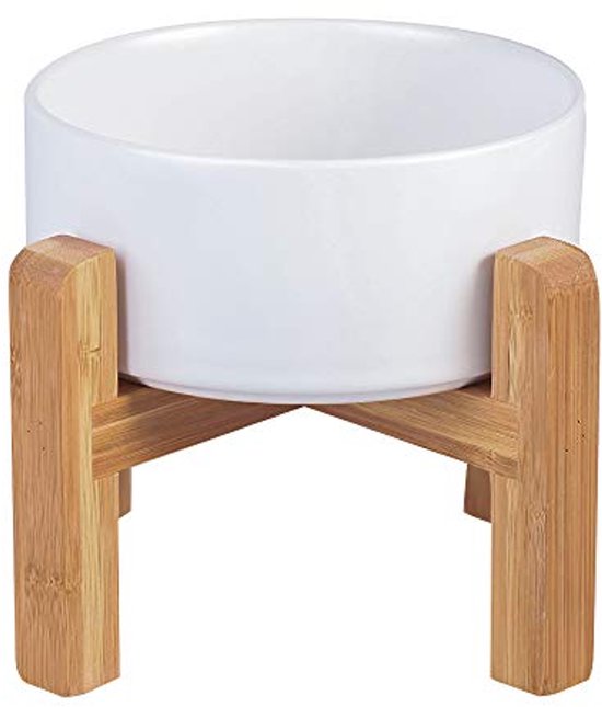 Keramische kom met houten standaard en pad voor katten en honden - geen Keramische kom met houten standaard en pad voor katten en honden - geen