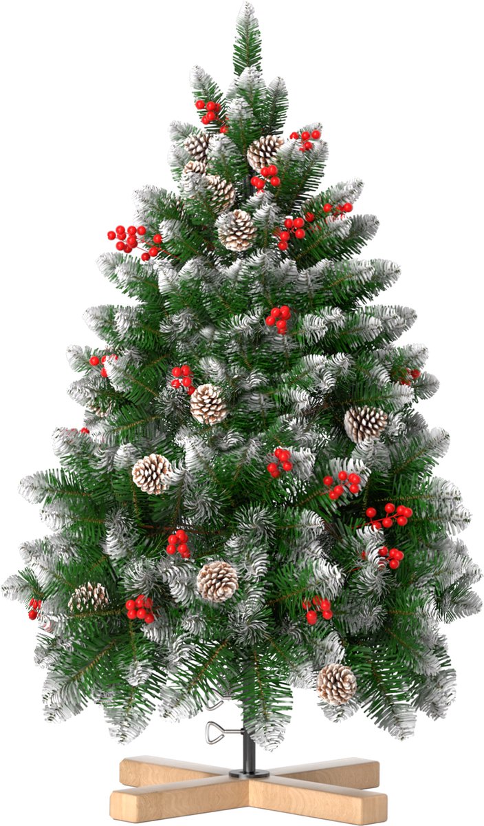 Kunstkerstboom, 1,5 M Kunstkerstboom Wit Met Sneeuw En Dennenappels, Grenenhout, Snelle Montage, Brandvertragend, Inclusief Kerstboomstandaard (Grenenhout, Natuurlijk Wit Met Sneeuw)