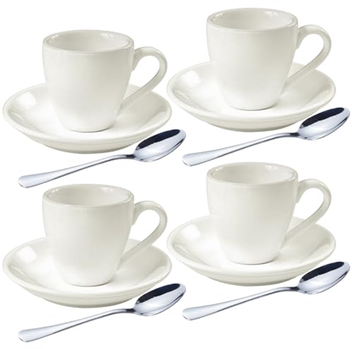 Set van 4 Porseleinen Espresso Kopjes met Schotels en RVS Lepels - 80 ml