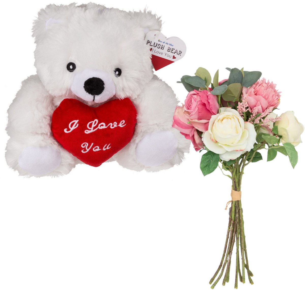Valentijnscadeau - Beertje en bloemenboeket - kunstbloem - wit - cadeau - romantisch