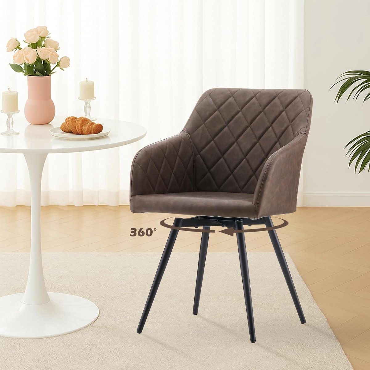 Eetkamerstoel Set van 6 – Ganeey Luxe Draaibare Stoelen met Armleuningen – Kunstleer Bruin – Ergonomisch Design, 360° Draaibaar, Metalen Poten – Comfortabele Gestoffeerde Stoelen voor Eetkamer, Keuken & Woonkamer