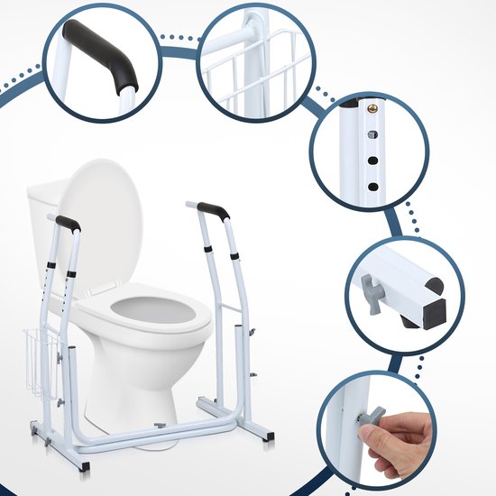 Overzicht van het witte toiletframe met ingezoomde details: handgrepen, opbergmand, hoogte-instelling en montageknop.
