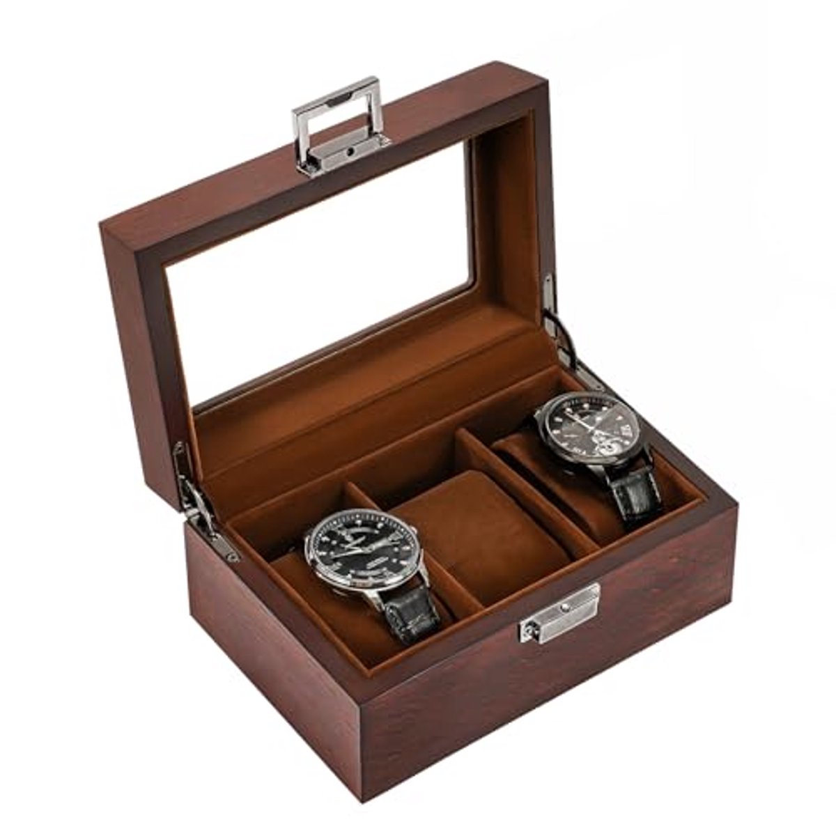Houten Horloge Doos voor Mannen - 3 Slot Horloge Organizer met Glazen Deksel