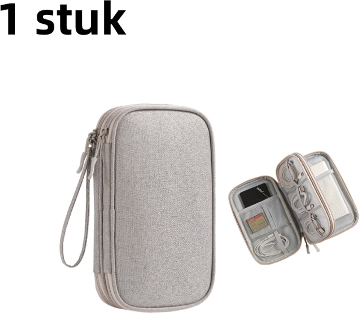 Image of 1 stuk - Opbergtas voor datakabel - geschikt voor oplader, mobiele stroom, oplaadkabel - reisschokbestendig - grijs (dubbellaags)