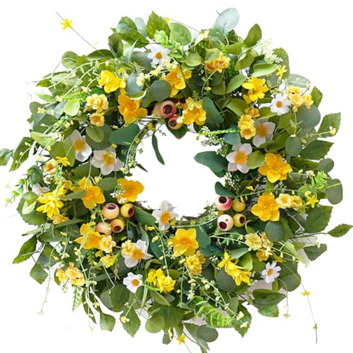 Kunstmatige Lente en Zomerkrans voor Voordeur - 60 cm Bloemenkrans met Groene Bladeren en