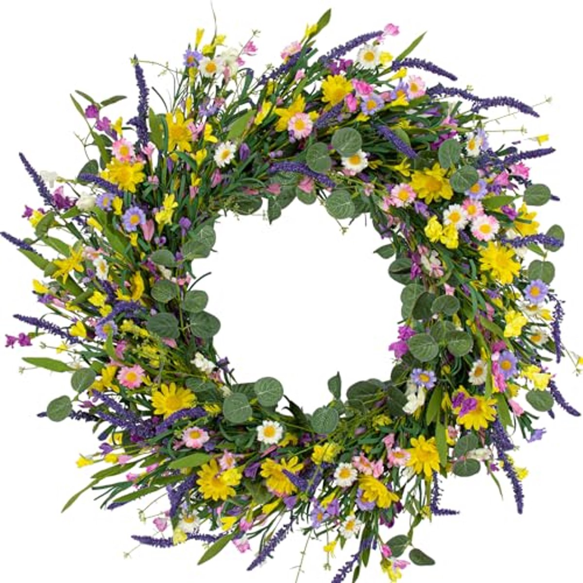 Grote Kunstmatige Lentekrans voor Voordeur - Zomer Bloemenkrans met Madeliefje en Lavendel