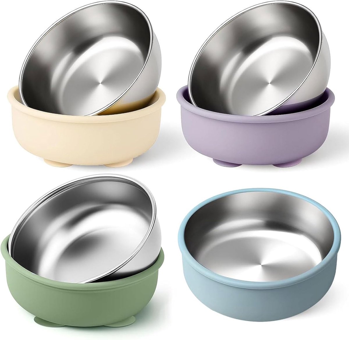 Image of 4 stuks roestvrijstalen borden voor kinderen - roestvrijstalen borden voor baby's - 2-in-1 bescherming tegen verbranding - babyschalen met zuignap - afneembare siliconen huls - voor aanvullende voeding en veilig eten