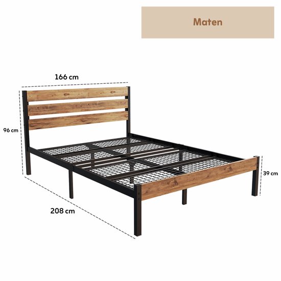 Afmetingen van het metalen bedframe Max Black/Wood: lengte 208 cm, breedte 166 cm, hoogte hoofdbord 96 cm, hoogte voeteneinde 39 cm.