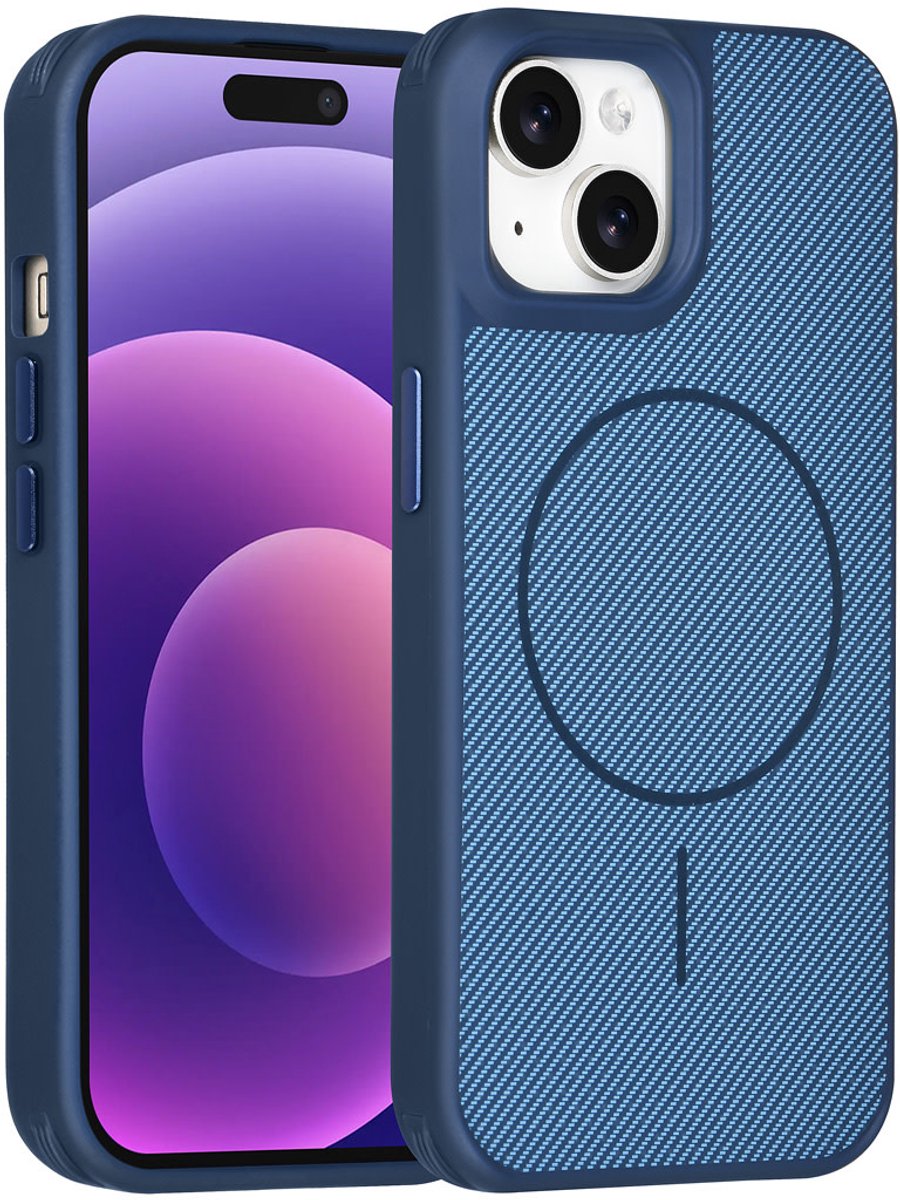 TUNIQ Back cover voor iPhone 15 - MagSafe - Carbon Fiber - Antishock - Blauw