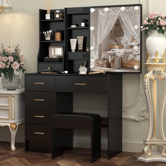 Woltu MB6080rs Make-uptafel met kruk en spiegel, kaptafel met schuifladen, groot tafelblad van 100 x 40 cm, moderne make-uptafel voor slaapkamer, roze