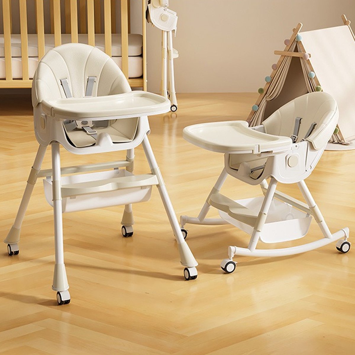 PIPIPOXER 6 in 1 kinderstoel met babyligstoel en babyschommelstoel, verstelbare en opvouwbare kinderstoel met eetblad en wielen, Beige