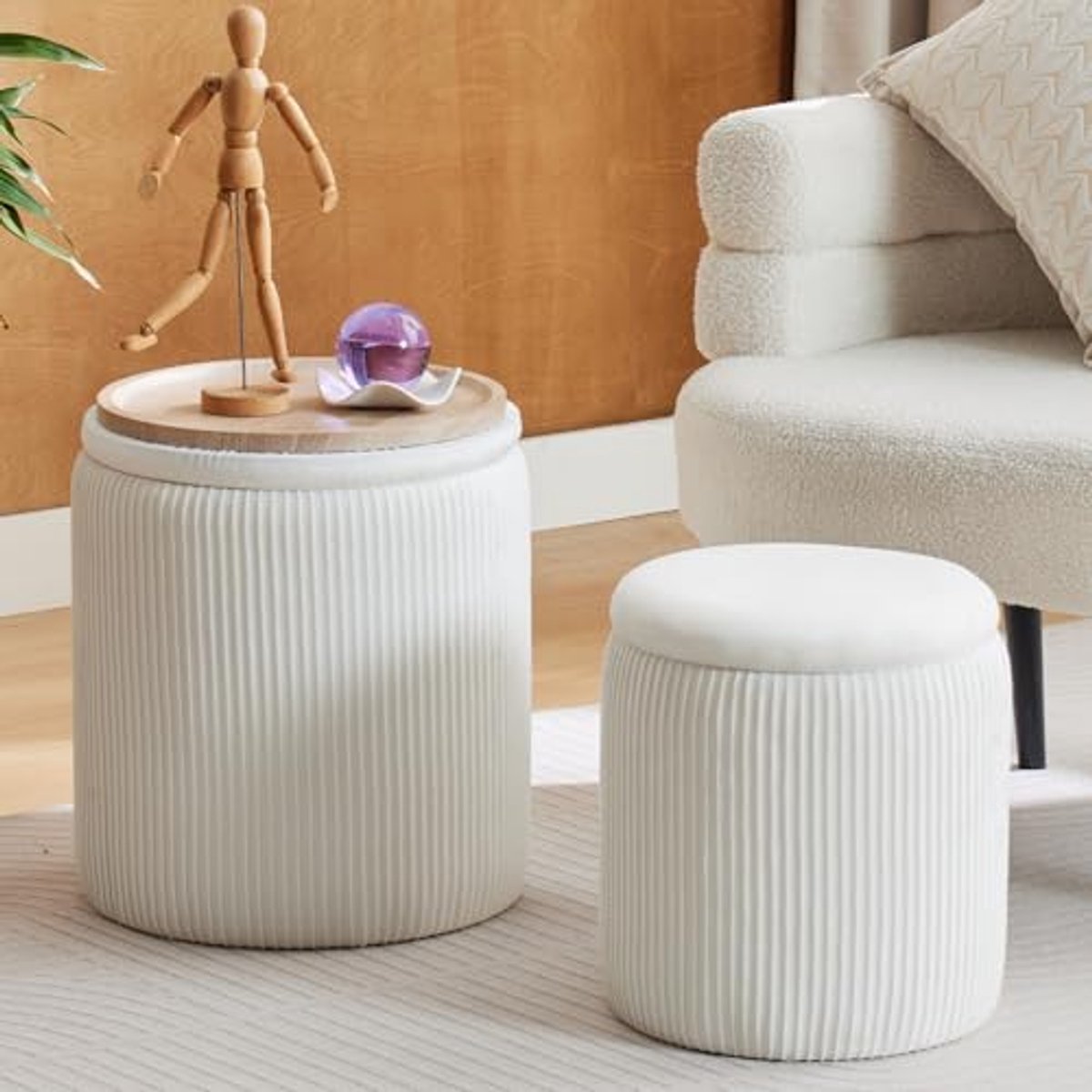 Ronde Ottoman met Opslagruimte - Set van 2 Zachte Velours Poefs voor Make-up, Multifunctionele Ottomans, Koffietafel, Kussen, Voetsteun voor Woonkamer