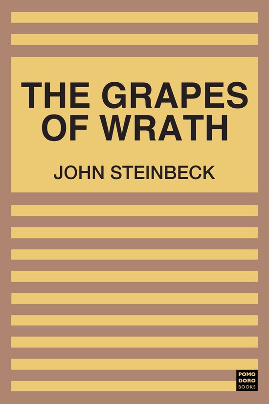 Boek kaft met de titel "THE GRAPES OF WRATH" door JOHN STEINBECK, met horizontale bruine en gele strepen.
