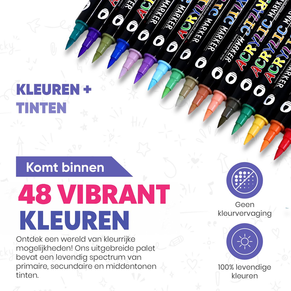 Creabae - Dual Tip Acryl Stiften 0.7 MM - Premium Acrylstiften Voor Stenen Schilderen - 48 Kleuren - Tekenset - Acryl Marker — afbeelding 2