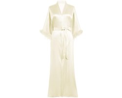 Prodesign Women's Dressing Gown Long Satin Bathrobe Kimono Robe Negligee 3/4 Feather Sleeves Loungewear Sleeping Gown Women's Nightwear, Beige, One Size, beige, One size
