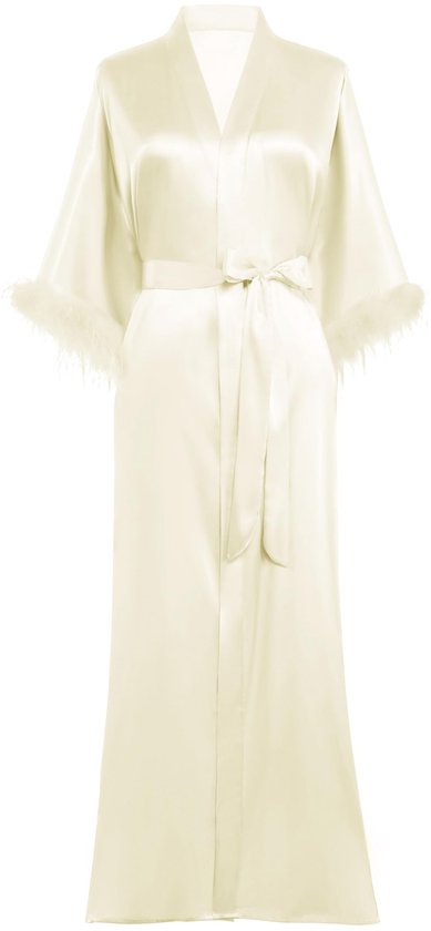 Prodesign Women's Dressing Gown Long Satin Bathrobe Kimono Robe Negligee 3/4 Feather Sleeves Loungewear Sleeping Gown Women's Nightwear, Beige, One Size, beige, One size