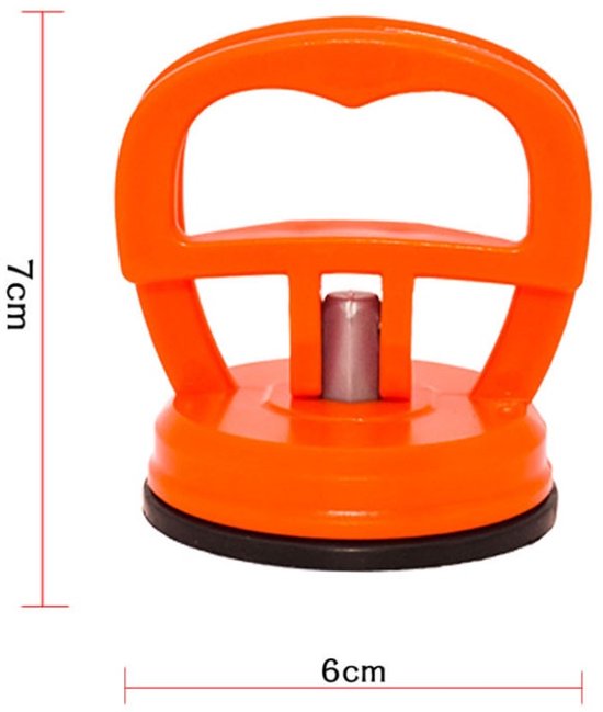 Oranje zuignap met zwarte rand en metalen stang, 7cm hoog en 6cm breed.