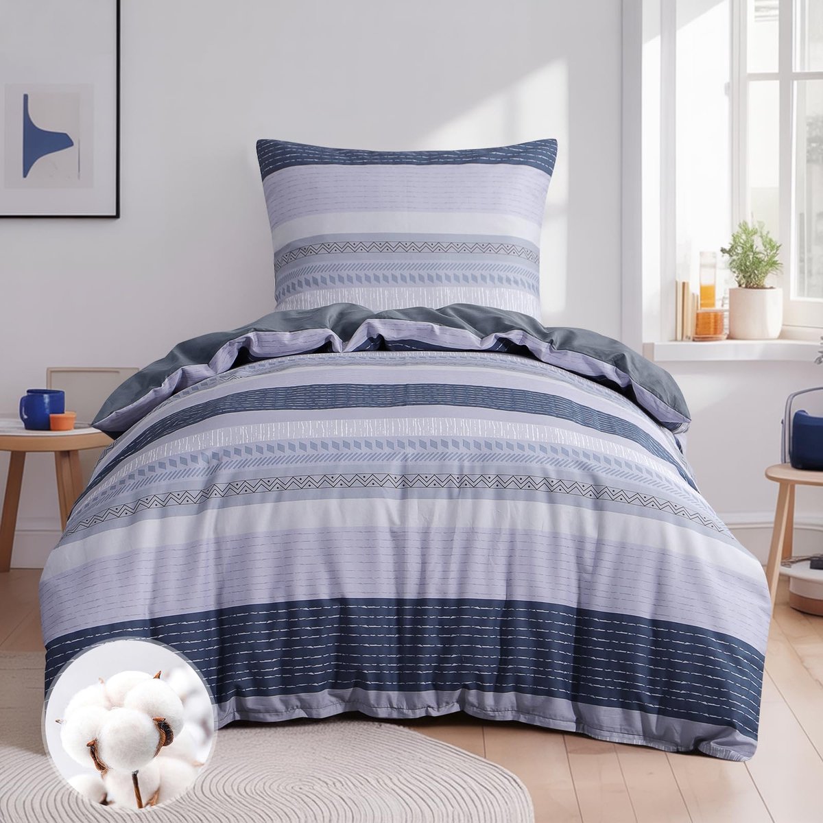 Ibenzoa® Omkeerbare katoenen beddengoedset met strepen en kussensloop, 155 x 220 cm