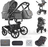 BRONEA® UNICO Design kinderwagen 3-in-1 set - Eénhand-inklap-mechanisme | incl. autostoeltje en matras voor de reiswieg | Ook als buggy te gebruiken | Eénhand-Inklapbaar met luiertas, regenhoes, muggennet en zonnekap - Grey/Grey