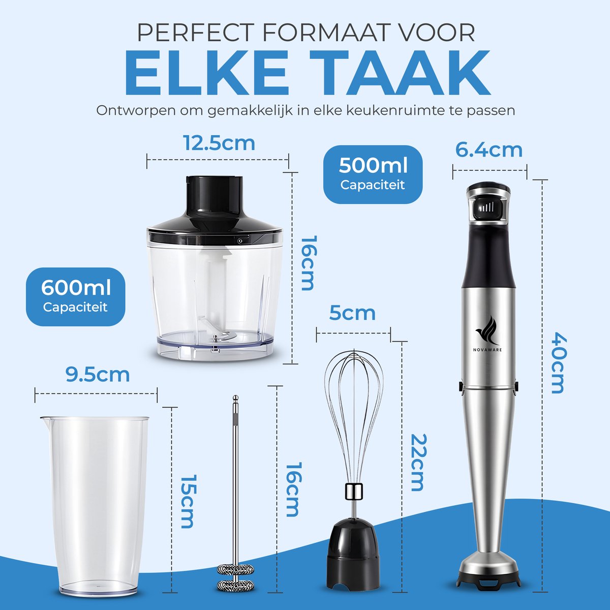 NovaWare Staafmixer 6-in-1 Set – 1100W - Hand Blender - Met Hakmolen, Garde, Melkopschuimer & Maatbeker – RVS – foto 5