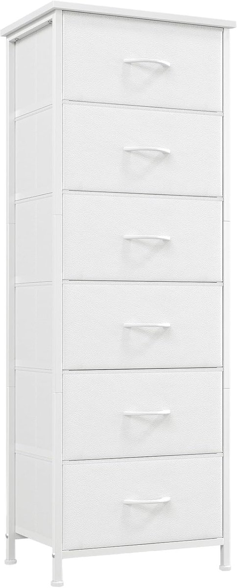 Hoge dressoir voor slaapkamer met zijzakken en opbergorganizer, 6 lades, stoffen bakken voor diverse ruimtes, wit leer