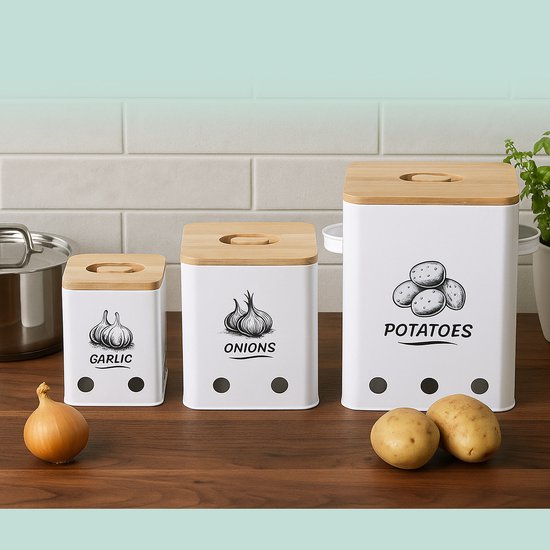 Relaxdays uienpot set van 3, voor uien, knoflook en aardappelen, met Relaxdays uienpot set van 3, voor uien, knoflook en aardappelen, met