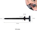 Zwarte kabelbinder met afmetingen: 90mm lang, 5mm dik, 14,5mm kopbreedte, 4,5mm pin, 20mm knopbreedte.