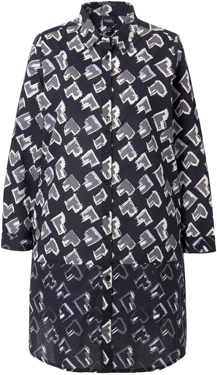 Ulla Popken - Dames - Longblouse harten A-lijn overhemdkraag lange mouwen - Zwart - Maat 46+