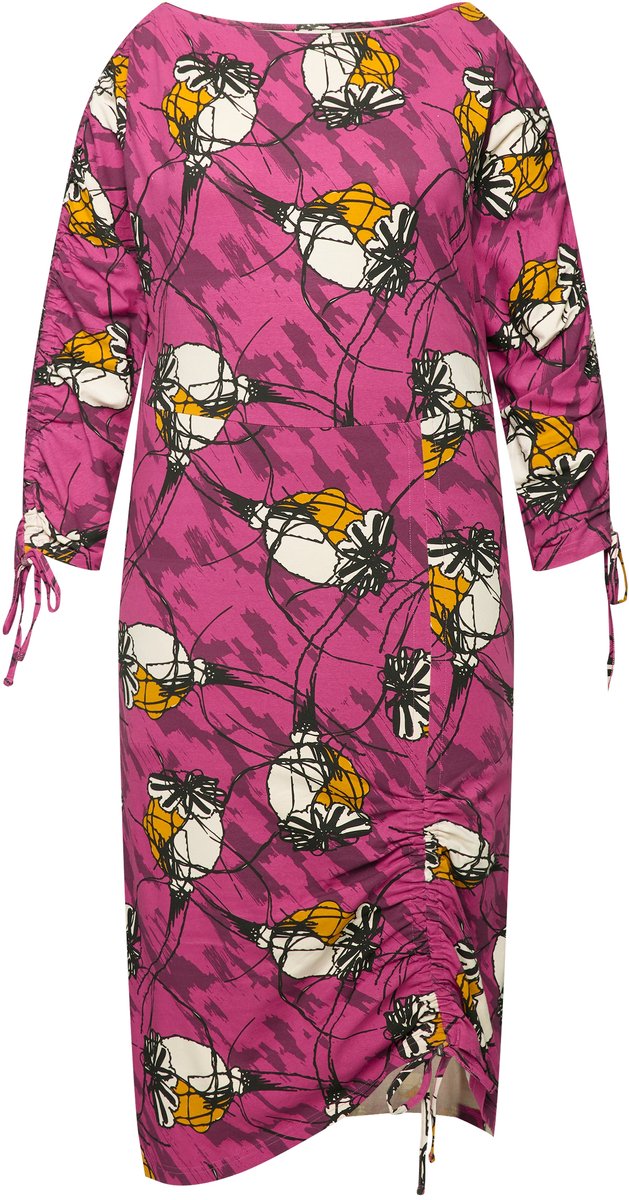 Ulla Popken Dames - Jersey midi-jurk bootnek 3/4-mouwen biologisch katoen - Fuchsia - Maat 50+