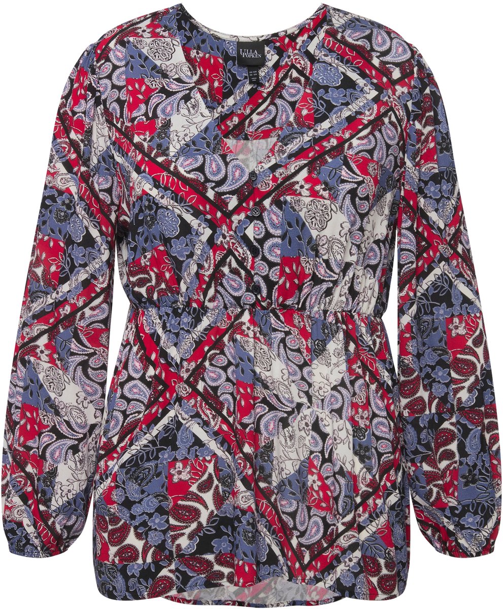 Ulla Popken - Dames - Blouse patchpatroon peplum V-hals lange mouwen - Marine - Maat 50+