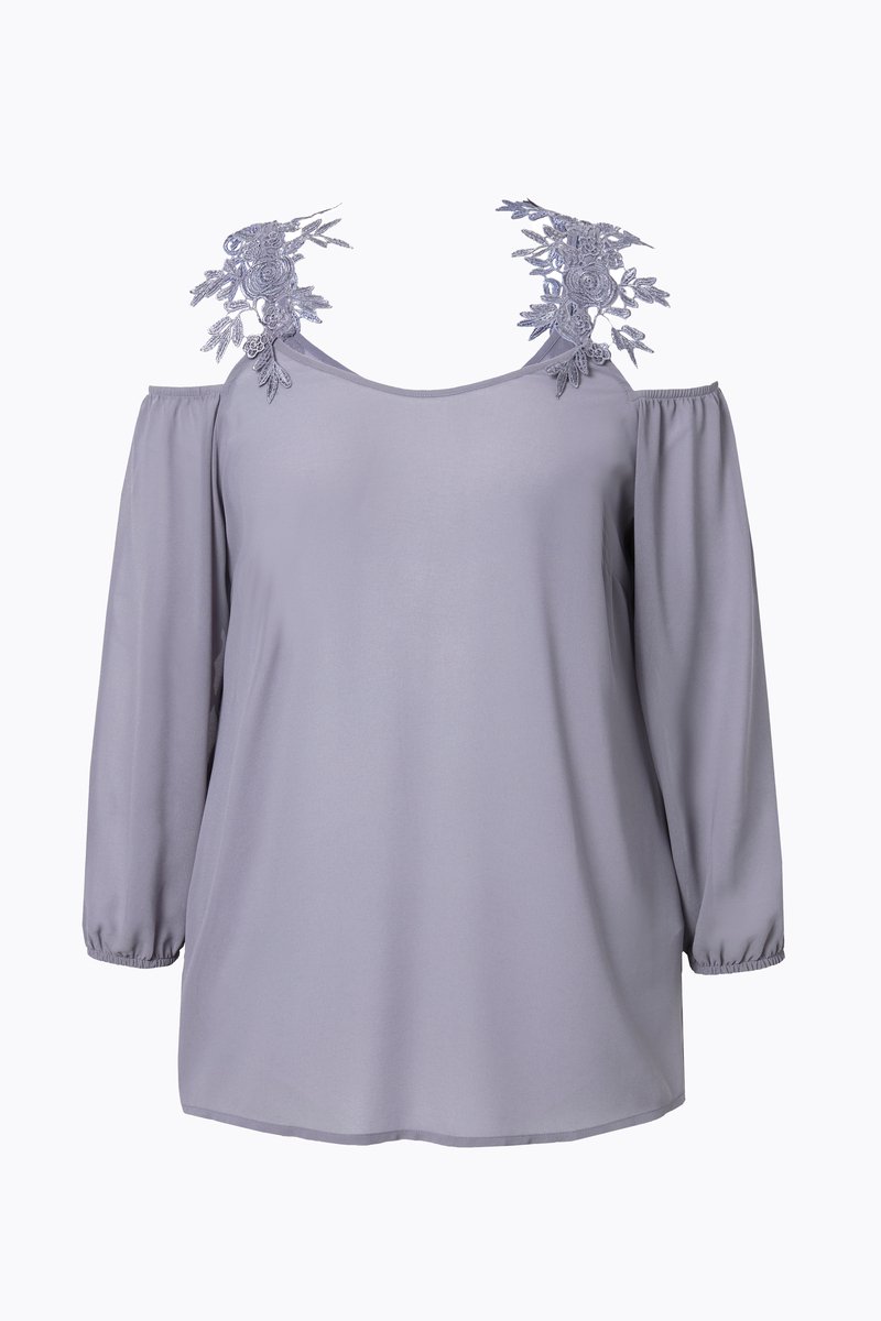 MIAMODA - Dames - Blouse Classic Fit schouder cut-out met kant - Loodgrijs - Maat 48