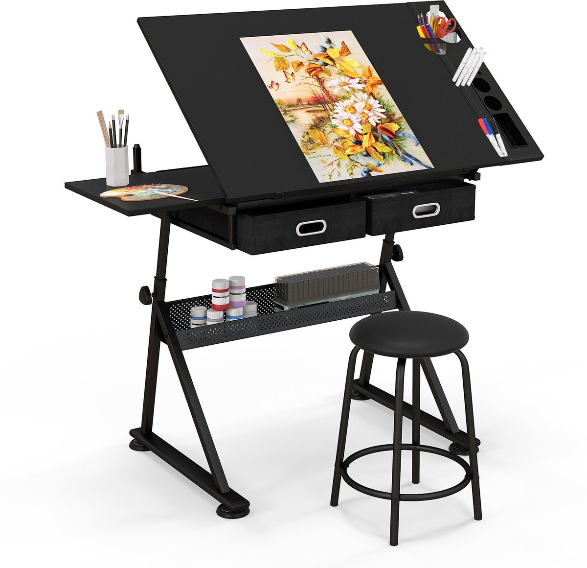 COSTWAY Tekentafel met kruk, architectentafel in hoogte verstelbaar, bureau met kantelbaar tafelblad, studentenbureau met 2 laden, werktafel voor architect en kunstenaars (zwart)