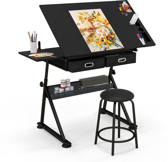 COSTWAY Tekentafel met kruk, architectentafel in hoogte verstelbaar, bureau met kantelbaar tafelblad, studentenbureau met 2 laden, werktafel voor architect en kunstenaars (zwart)