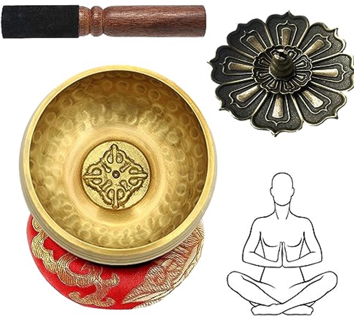Klankschalenset voor meditatie en ontspanning - Ø 8 cm klankschaal klein met klepel, kussen en wierookvat