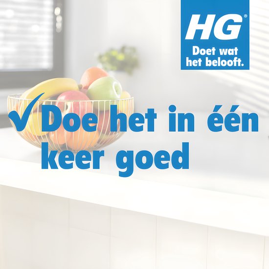 Een fruitschaal op een keuken aanrecht, met de tekst 'Doe het in één keer goed.'