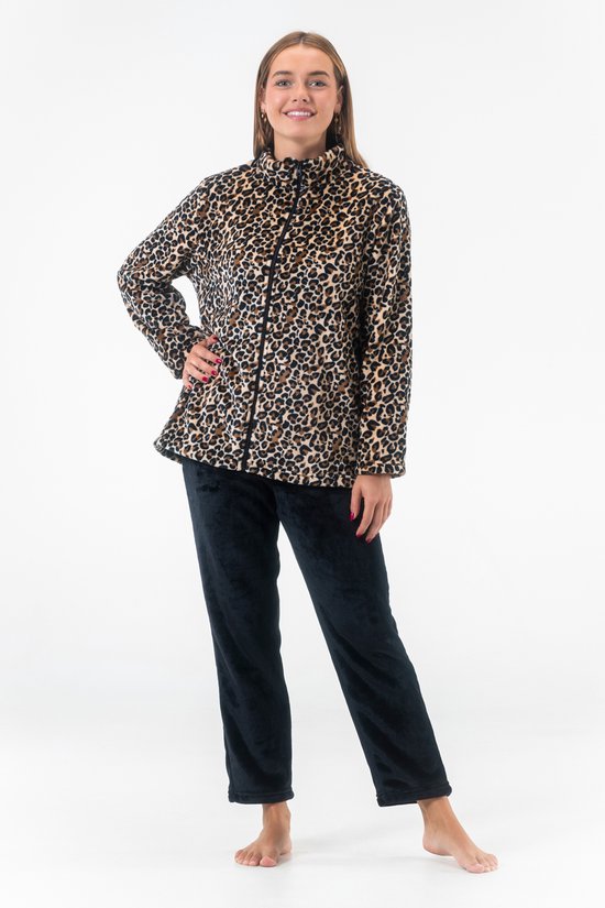 Dames Fleece Huispak en Pyjama met Rits - Ochtendjas - Panterprint - Superzacht Fleece - 2330 Beige - Maat XL
