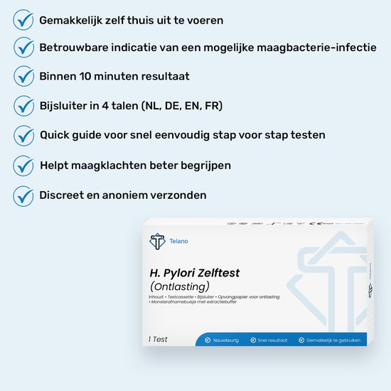 Verpakking H. Pylori zelftest (ontlasting). Inhoud: testcassette, bijsluiter, opvangpapier, monsternamebuisje met extractiebuffer.