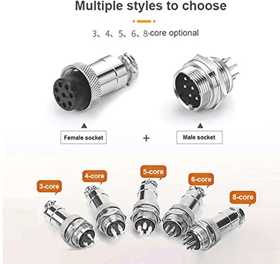 Aiqeer Pack of 5 4 Pin GX16 Aviation Plugs, 16 mm Thread Metal Aviation Cable Connector, 5A Male and Female Aviation Plug Kit with Rubber Cap