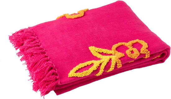 Opgevouwen fuchsia plaid met geborduurde gele bloemen en franjes.
